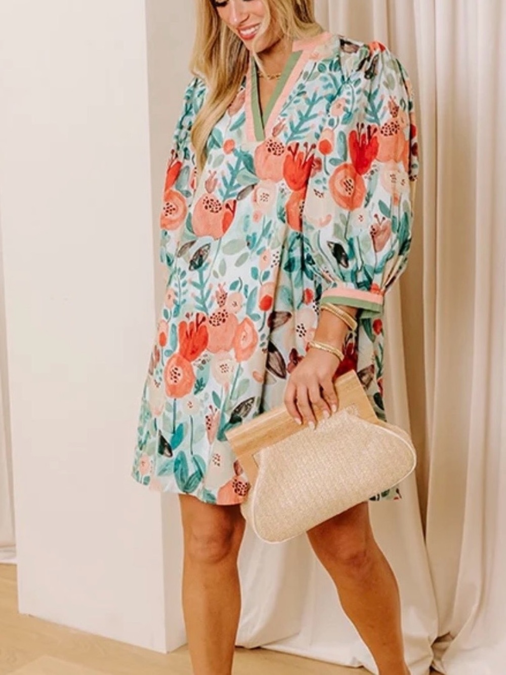 entro Coral & Mint Floral Puff-Sleeve Mini Dress
